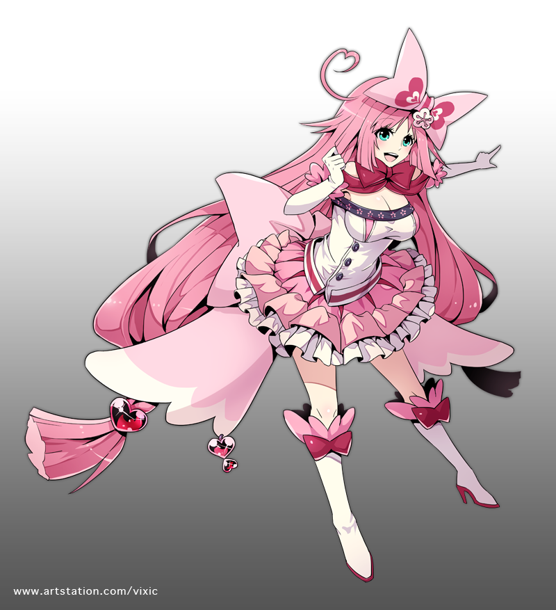 1girl :d ahoge blue_eyes boots bow dress elbow_gloves frills full_body gloves gradient gradient_background grey_background hair_bow hakoniwa_no_folklore hand_up heart heart_ahoge knee_boots long_hair low-tied_long_hair official_art open_mouth pink_bow pink_hair pink_skirt pointing skirt smile solo very_long_hair vixi.c watermark web_address white_dress white_footwear white_gloves