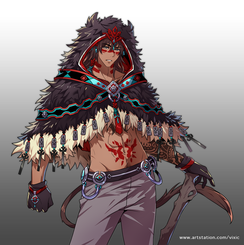1boy abs belt black_gloves brown_hair clenched_hand facepaint fish gloves gradient gradient_background grey_background hood looking_at_viewer male_focus navel official_art pants seikon_no_el_dorado solo standing tail tan_skin tattoo vixi_c walking_stick watermark web_address