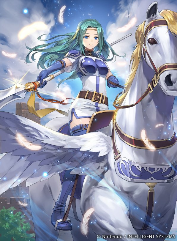1girl armor bangs belt blue_eyes boots breastplate circlet closed_mouth clouds company_name copyright_name day dress elbow_gloves feathered_wings feathers fiora fire_emblem fire_emblem:_rekka_no_ken fire_emblem_cipher gloves green_hair hmk84 holding holding_weapon long_hair looking_at_viewer official_art outdoors pegasus pegasus_knight polearm shiny short_dress shoulder_armor shoulder_pads smile solo spear thigh-highs thigh_boots weapon wings zettai_ryouiki