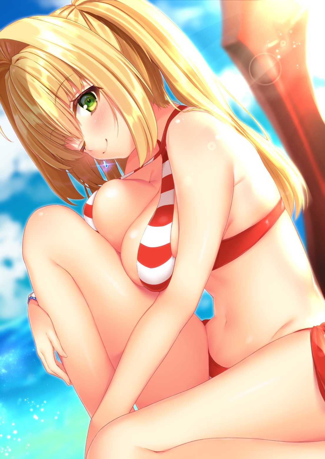 aestus_estus ahoge bead_bracelet beads bikini bracelet breasts criss-cross_halter earrings fate/grand_order fate_(series) green_eyes hair_intakes halter_top halterneck highres jewelry jiiwara large_breasts long_hair nero_claudius_(fate)_(all) nero_claudius_(swimsuit_caster)_(fate) red_bikini side-tie_bikini striped striped_bikini swimsuit twintails