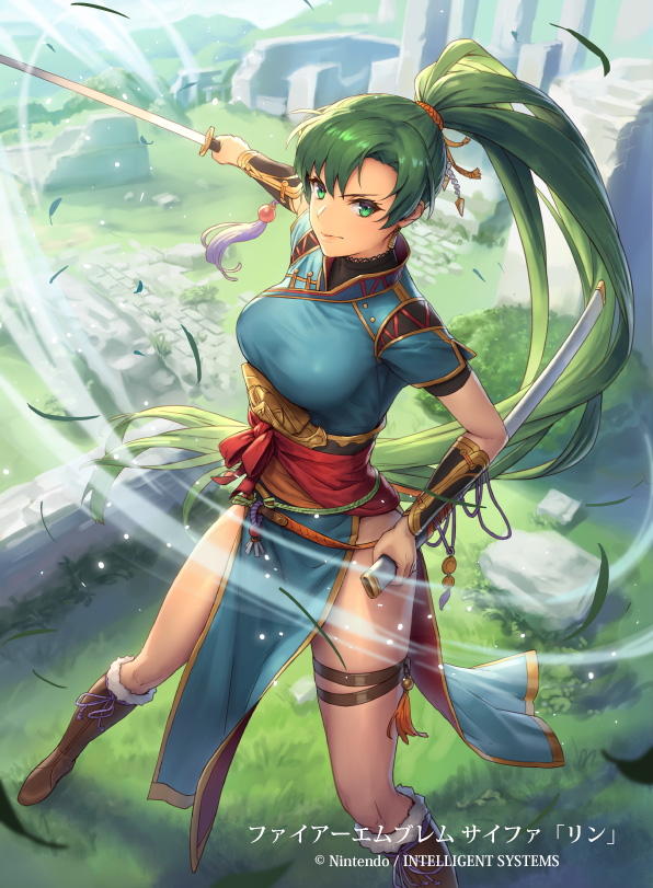 1girl arm_guards bangs boots breasts brown_footwear closed_mouth commentary_request company_name copyright_name cuboon day fire_emblem fire_emblem:_rekka_no_ken fire_emblem_cipher fur_trim grass green_eyes green_hair holding holding_sword holding_weapon lips long_hair long_legs looking_at_viewer lyndis_(fire_emblem) medium_breasts official_art outdoors pelvic_curtain ponytail sheath shiny shiny_hair short_sleeves slashing sword thigh_strap weapon