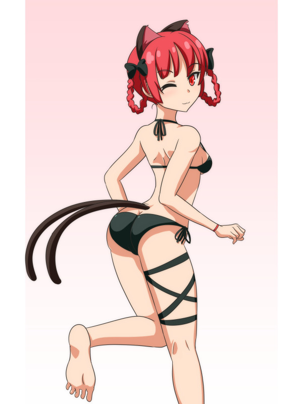 1girl ;3 animal_ears ass bare_arms bare_shoulders barefoot bikini black_bikini black_bow black_ribbon bow braid breasts cat_ears cat_tail cato_(monocatienus) commentary extra_ears eyebrows_visible_through_hair feet from_behind gradient gradient_background hair_bow hair_rings halterneck kaenbyou_rin kneepits looking_at_viewer looking_back medium_breasts multiple_tails pink_background red_eyes redhead ribbon shoulder_blades side-tie_bikini simple_background solo standing standing_on_one_leg swimsuit tail thigh_ribbon thighs touhou twin_braids two_tails