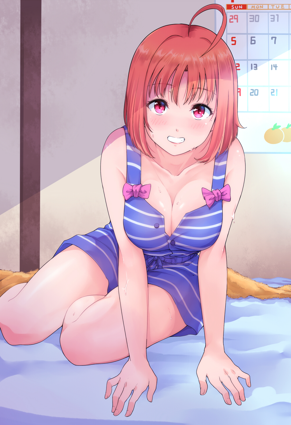 1girl ahoge bangs bed_sheet blanket blue_shorts blue_tank_top blush bow breasts calendar cleavage collarbone grin hair_down highres kanabun large_breasts leaning_forward looking_at_viewer love_live! love_live!_sunshine!! orange_hair orange_print partially_unbuttoned pink_bow red_eyes short_hair shorts sitting smile solo striped striped_shorts striped_tank_top takami_chika