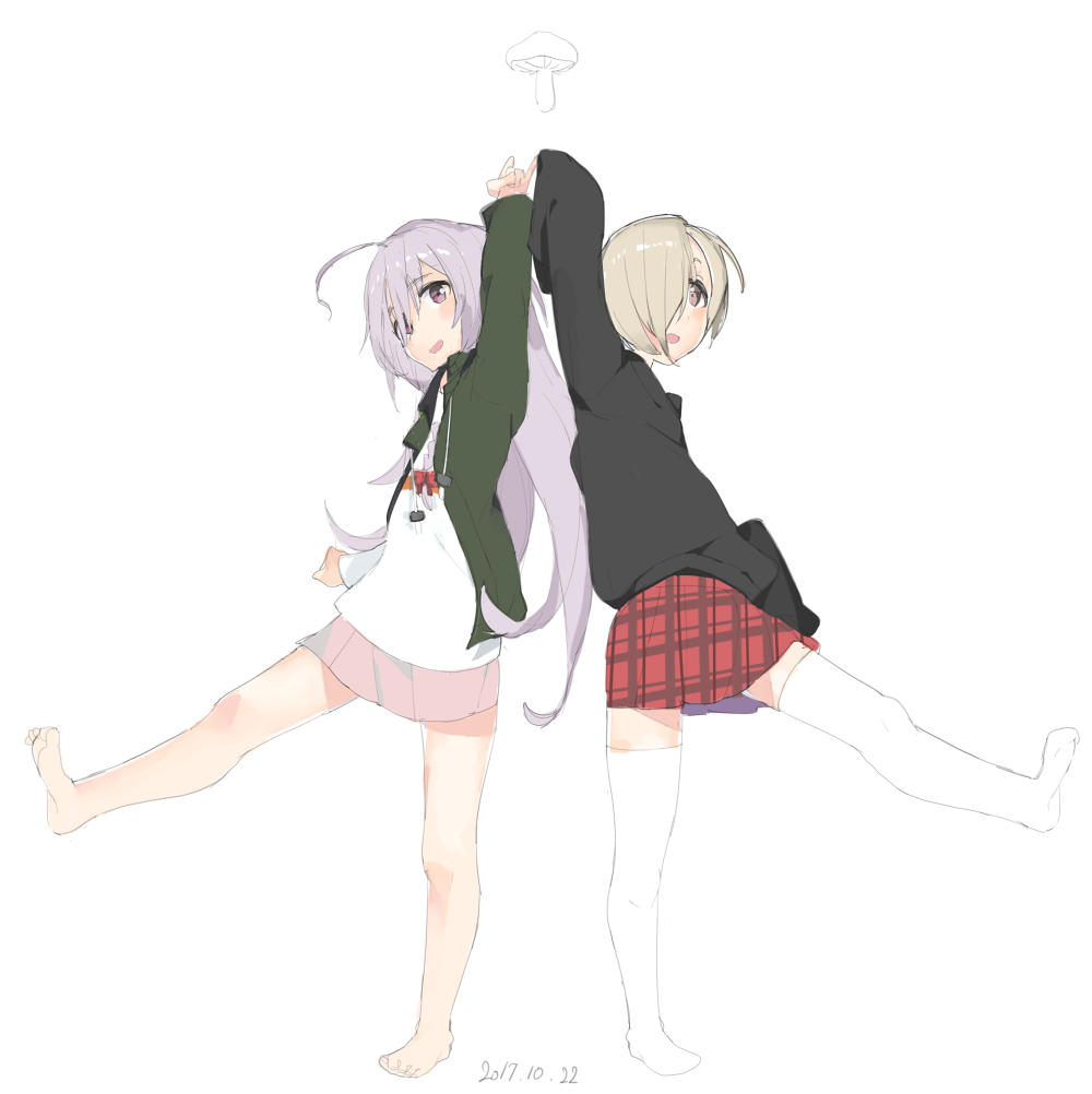 2girls barefoot blonde_hair hood hoodie hoshi_shouko idolmaster idolmaster_cinderella_girls iidzuka_idzu jacket long_hair multiple_girls mushroom no_shoes parody plaid plaid_skirt pleated_skirt shirasaka_koume short_hair shoujo_shuumatsu_ryokou silver_hair skirt sleeves_past_wrists thigh-highs ugoku_ugoku very_long_hair white_background