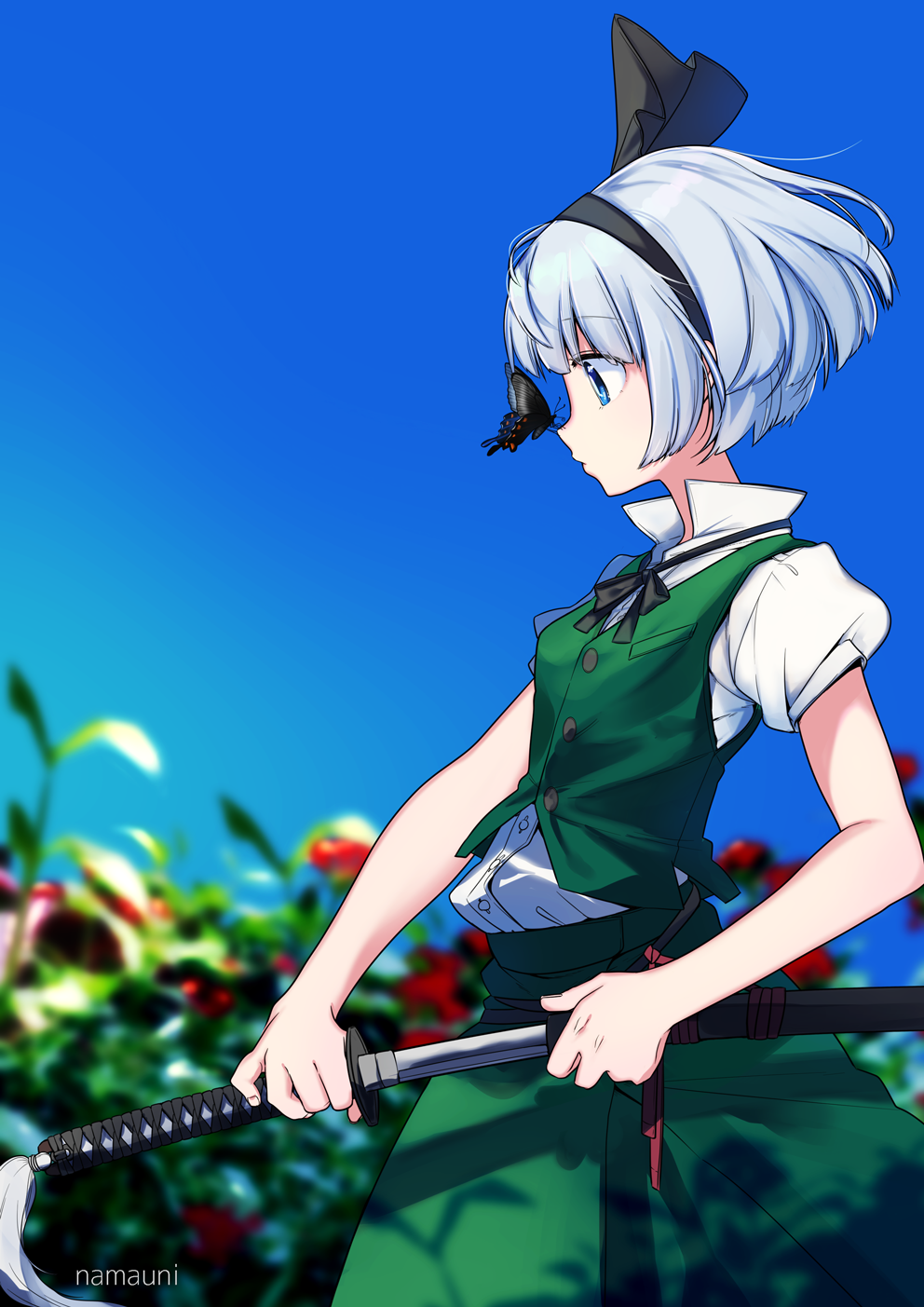 1girl artist_name black_hairband black_neckwear black_ribbon blue_eyes blue_sky blurry blurry_background bug butterfly butterfly_on_nose commentary_request cowboy_shot day depth_of_field eyebrows_visible_through_hair from_side green_skirt green_vest hair_ribbon hairband highres holding holding_sword holding_weapon insect katana konpaku_youmu namauni neck_ribbon outdoors profile puffy_short_sleeves puffy_sleeves ribbon scabbard sheath shirt short_hair short_sleeves silver_hair skirt sky solo standing sword touhou unsheathing vest weapon white_shirt