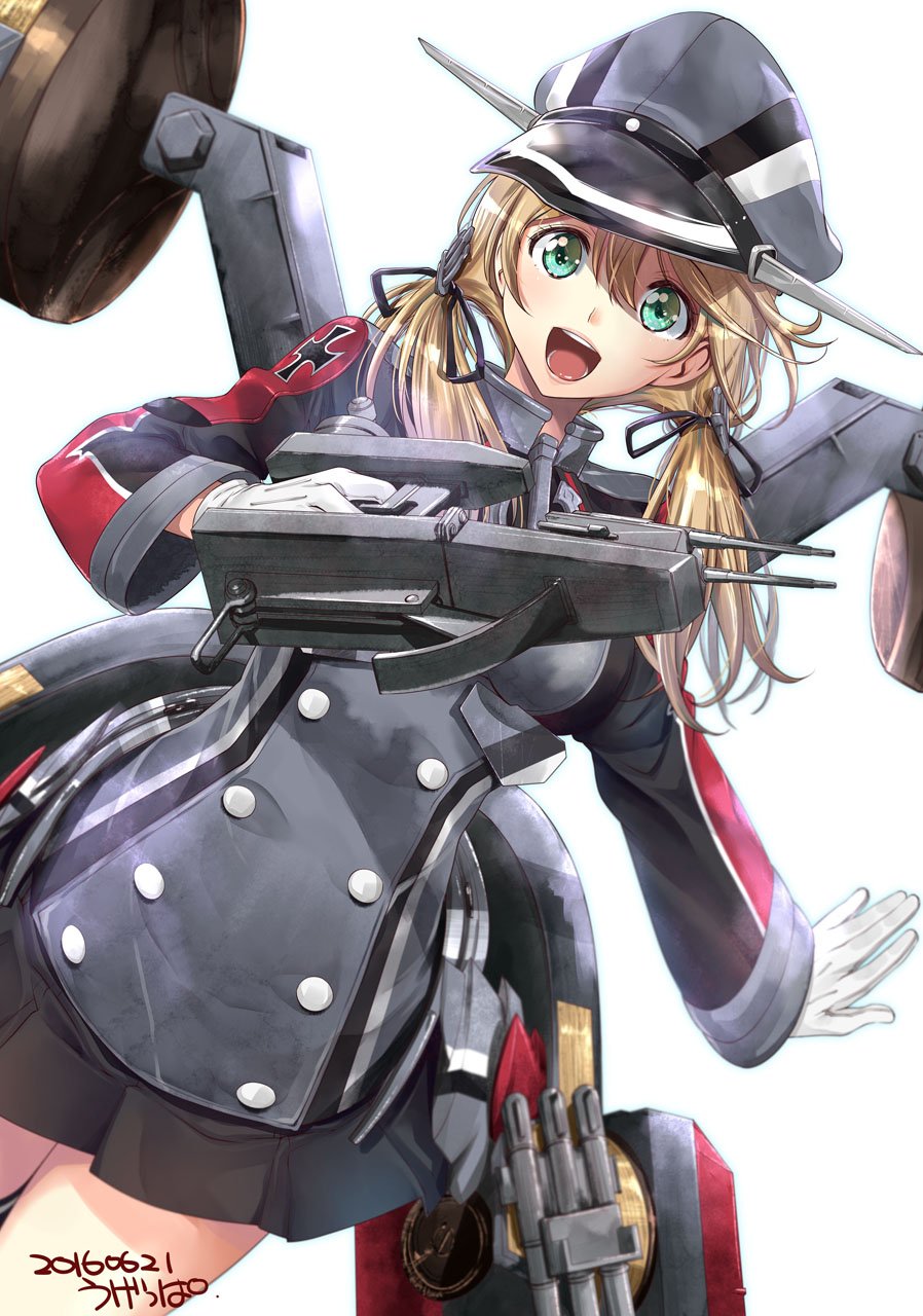 1girl anchor_hair_ornament aqua_eyes artist_name black_skirt blonde_hair cannon dated gloves gun hair_ornament hat highres iron_cross kantai_collection looking_at_viewer low_twintails machinery microskirt military military_hat military_uniform open_mouth peaked_cap prinz_eugen_(kantai_collection) simple_background skirt smile solo turret twintails twitter_username ugeppa uniform weapon white_background white_gloves