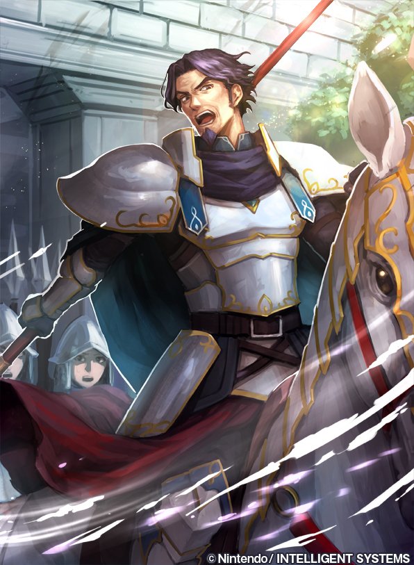 1boy armored_boots beard belt blue_hair boots cape copyright_name faceless faceless_male facial_hair fire_emblem fire_emblem:_mystery_of_the_emblem fire_emblem_cipher frey_(fire_emblem) gloves helmet horse leaf male_focus nij_24 official_art open_mouth polearm solo spear teeth weapon