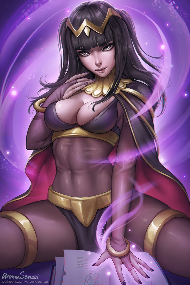 1girl aroma_sensei black_hair book bracelet breasts bridal_gauntlets cape cleavage covered_navel fire_emblem fire_emblem:_kakusei grey_eyes hexagram highres jewelry looking_at_viewer magic nail_polish open_book parted_lips solo spread_legs tharja tiara toned