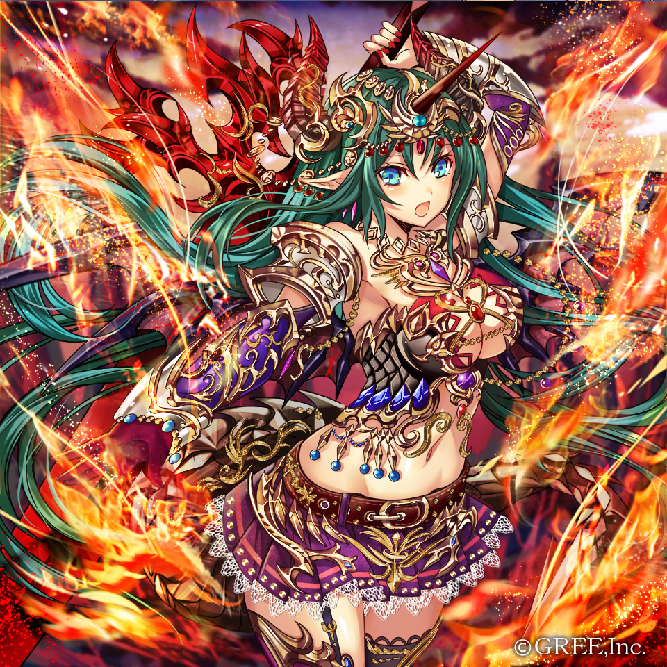 1girl arm_up armor bangs belt_buckle bikini_armor black_legwear blue_eyes blurry blurry_background breasts brown_belt buckle closed_mouth company_name cowboy_shot dragon_girl dragon_horns dragon_wings elbow_gloves eyebrows_visible_through_hair fire floating_hair forehead_jewel garter_straps gem gloves greatsword green_hair groin hair_between_eyes head_chain holding holding_weapon horns jewelry kaizoku_ookoku_koronbusu lace lace-trimmed_skirt large_breasts legs_together long_hair looking_at_viewer madogawa miniskirt navel necklace official_art open_mouth outstretched_arm pleated_skirt pointy_ears purple_skirt pyrokinesis red_gloves scale_armor sidelocks single_garter_strap single_glove skirt solo standing stomach thigh-highs vambraces very_long_hair weapon wind wings