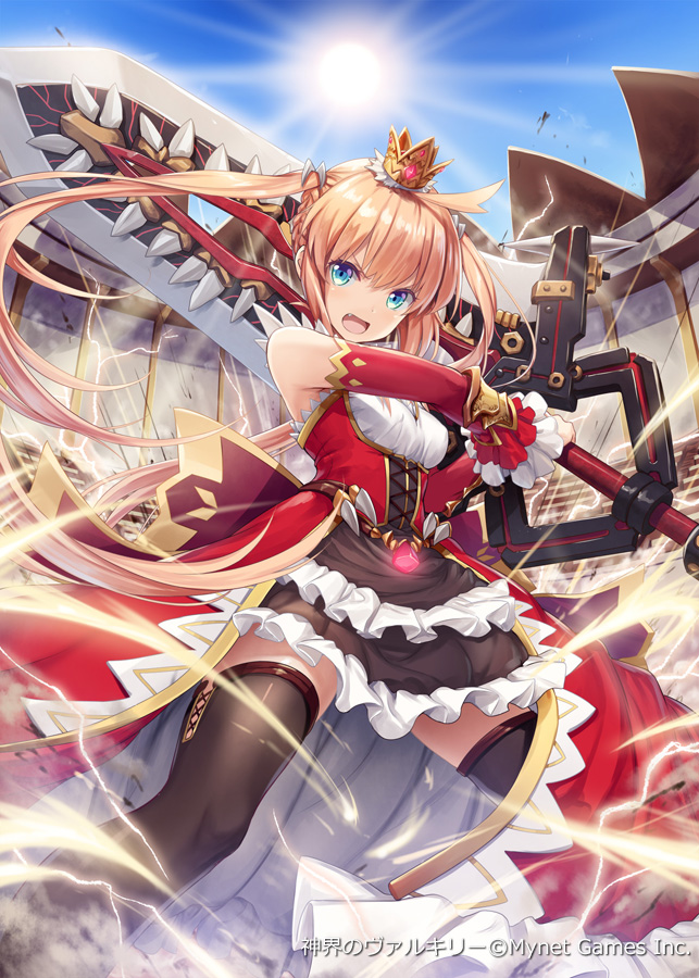 1girl akkijin arena bare_shoulders blonde_hair blue_eyes breasts brown_legwear brown_skirt crown dress holding holding_sword holding_weapon huge_weapon lightning long_hair medium_breasts official_art red_dress red_ribbon ribbed_dress ribbon serious shinkai_no_valkyrie skirt spread_legs sun sword thigh-highs twintails weapon