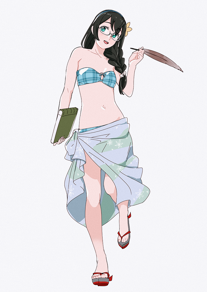 1girl aqua_bikini bikini black_hair book braid breasts flower full_body green_eyes grey_background hair_flower hair_ornament hair_over_shoulder hairband kantai_collection long_hair looking_at_viewer ojipon ooyodo_(kantai_collection) plaid plaid_bikini quill sandals sarong semi-rimless_eyewear simple_background single_braid small_breasts solo standing strapless strapless_bikini swimsuit under-rim_eyewear