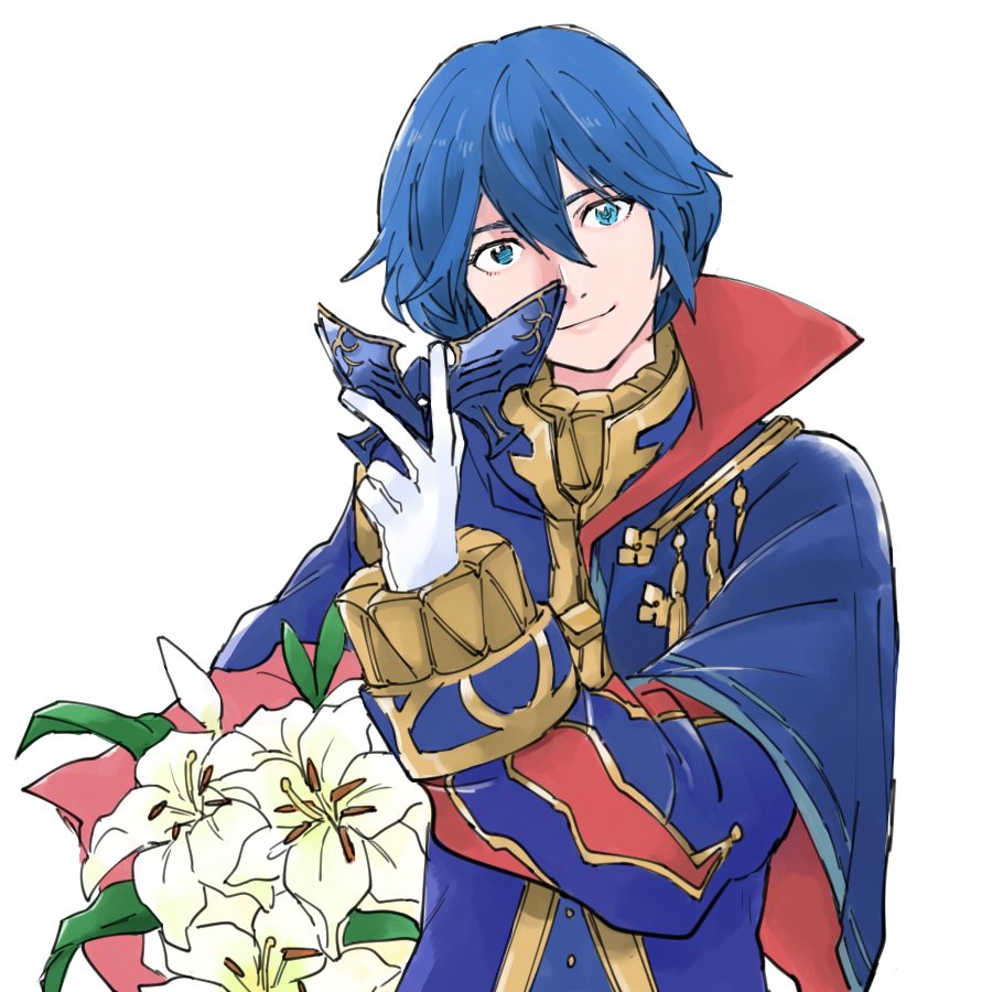 1girl armor blue_eyes blue_hair cape cosplay eliwood_(fire_emblem) eliwood_(fire_emblem)_(cosplay) fire_emblem fire_emblem:_kakusei fire_emblem:_rekka_no_ken fire_emblem_heroes flower gloves holding holding_weapon looking_at_viewer lucina marth_(fire_emblem:_kakusei) mask nezumoto reverse_trap short_hair simple_background smile solo tiara tomboy weapon