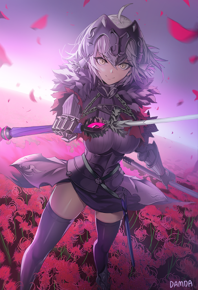 1girl ahoge arm_guards armor armored_boots armored_dress artist_name bangs blurry blurry_background boots breasts chains closed_mouth damda depth_of_field dual_wielding dutch_angle eyebrows_visible_through_hair fate/grand_order fate_(series) floating_hair fur_trim gauntlets greaves hair_ornament headpiece holding holding_sword holding_weapon jeanne_d'arc_(fate)_(all) large_breasts long_hair looking_at_viewer outdoors petals reaching sash sheath short_hair sidelocks silver_hair skindentation skirt smile solo sword symbol-shaped_pupils thigh-highs weapon white_hair wind wind_lift yellow_eyes