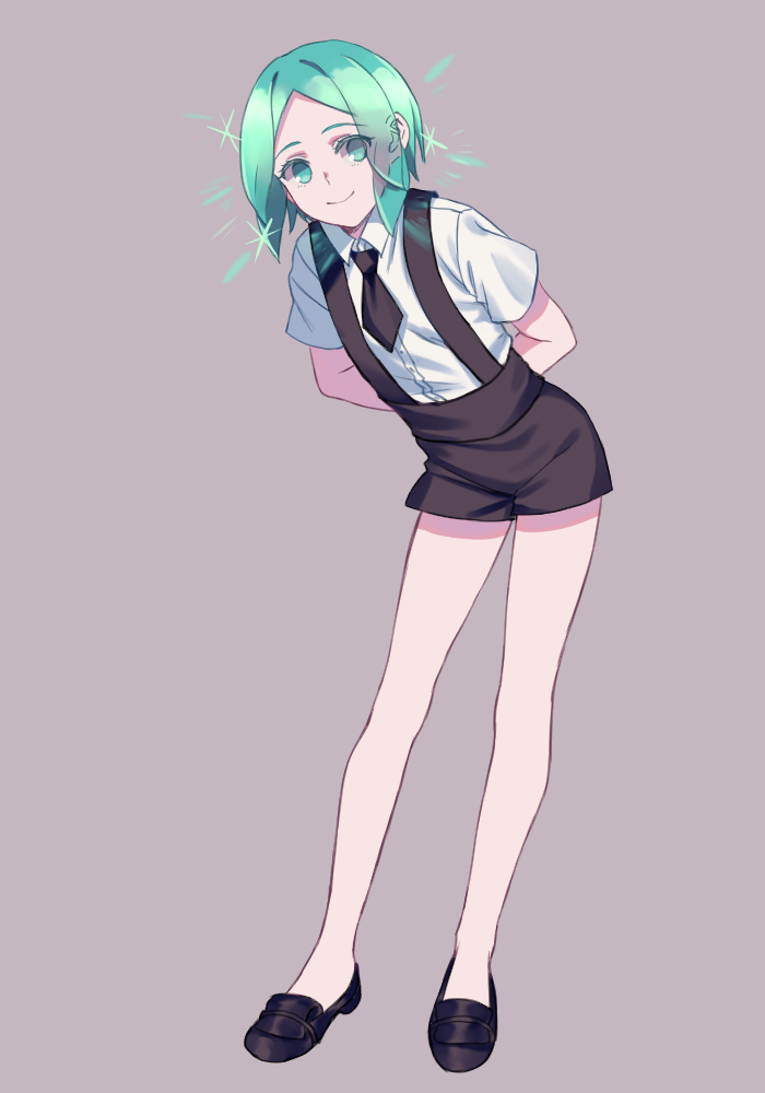 1other androgynous arms_behind_back artist_request colored_eyelashes gem_uniform_(houseki_no_kuni) glowing glowing_hair green_eyes green_hair grey_background houseki_no_kuni leaning_forward looking_at_viewer necktie phosphophyllite short_hair smile solo sparkle suspenders