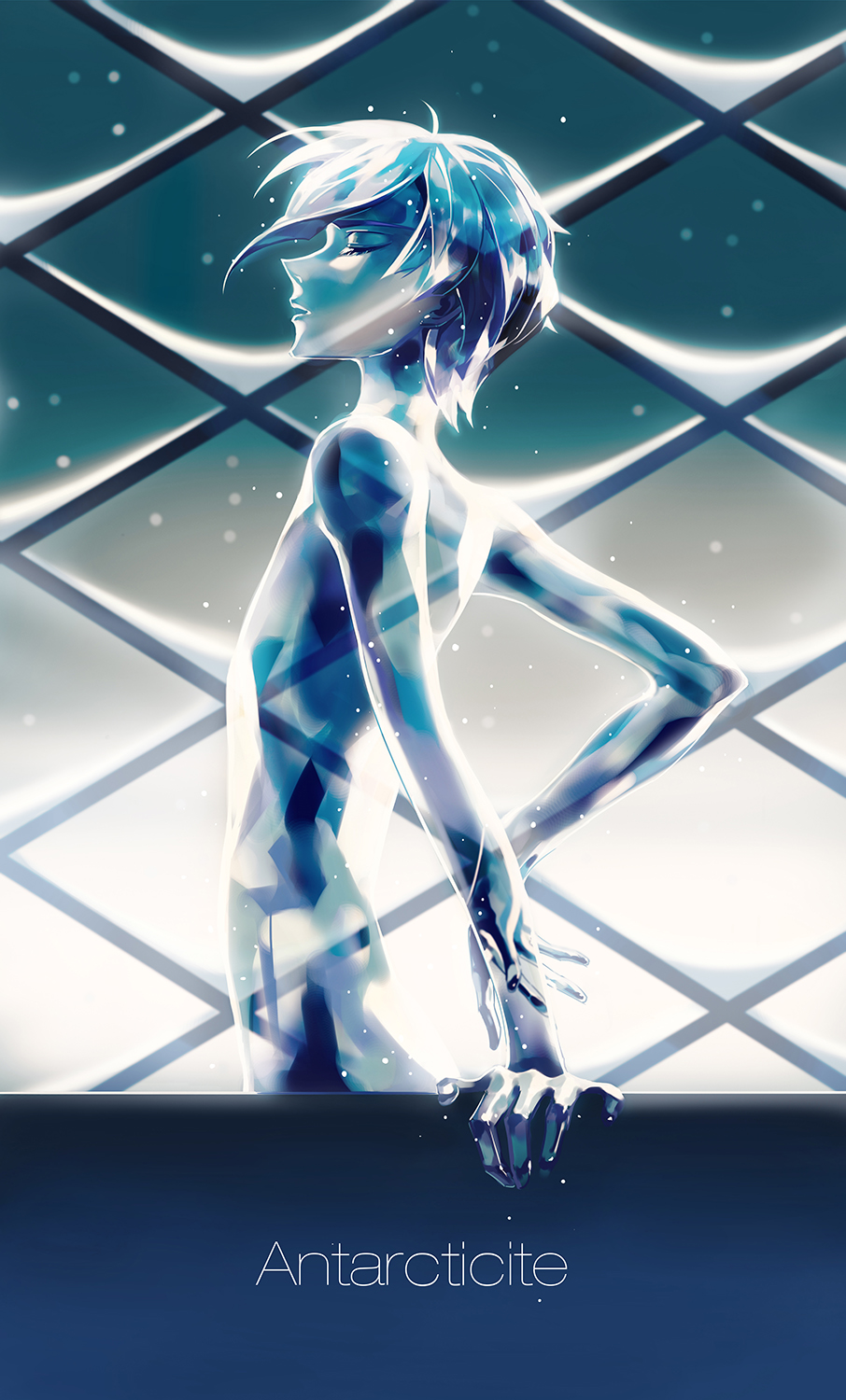 1other androgynous antarcticite character_name closed_eyes gem highres houseki_no_kuni long_bangs long_eyelashes moon-lucky nude short_hair snow solo transparent window