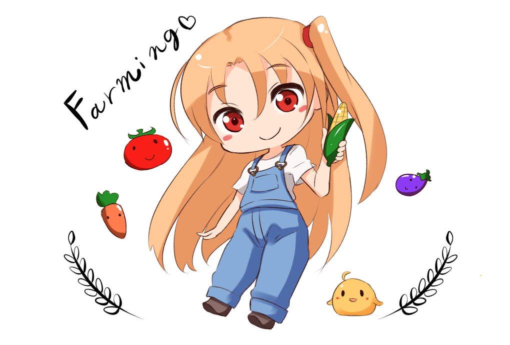 1girl ahoge ame. azur_lane bangs bird blush_stickers carrot chibi chick cleveland_(azur_lane) closed_mouth corn denim dot_nose english eyebrows_visible_through_hair farmer farming flat_chest food full_body hand_up holding holding_food long_hair looking_at_viewer one_side_up orange_hair overalls raised_eyebrows red_eyes shirt shoes short_sleeves simple_background smile solid_oval_eyes solo t-shirt tomato tsurime very_long_hair white_background white_shirt