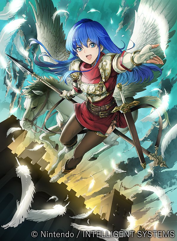 1girl armor blue_eyes blue_hair cape castle daigoman dress elbow_gloves fingerless_gloves fire_emblem fire_emblem:_mystery_of_the_emblem fire_emblem_cipher gloves long_hair looking_at_viewer official_art open_mouth pegasus_knight polearm sheeda smile solo spear thigh-highs weapon