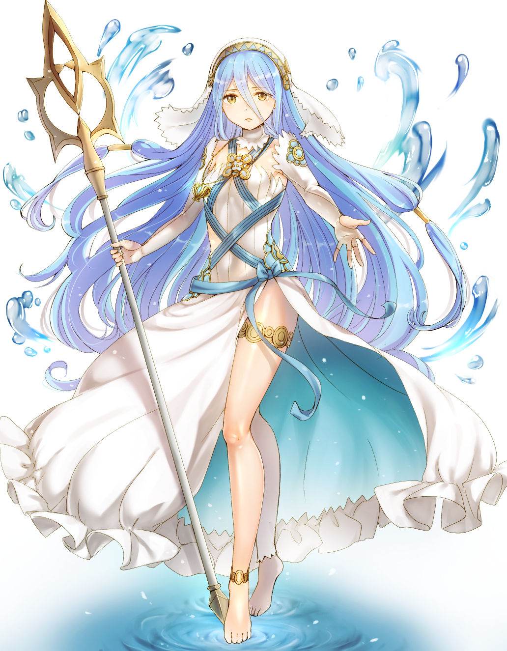 1girl anklet aqua_(fire_emblem_if) asymmetrical_legwear barefoot blue_hair blue_ribbon breasts choker dress eyebrows_visible_through_hair fingerless_gloves fire_emblem fire_emblem_if floating_hair full_body gloves hair_between_eyes haru_(nakajou-28) highres holding holding_staff jewelry long_hair outstretched_arm parted_lips ribbon sleeveless sleeveless_dress small_breasts solo staff standing thighlet very_long_hair water white_dress white_gloves white_legwear yellow_eyes