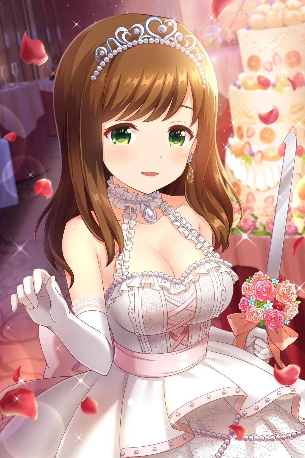 alternative_girls bangs bare_shoulders blue_flower bow breasts bride brown_hair cleavage collarbone dress earrings elbow_gloves flower flower_earrings fruit_tart gloves green_eyes highres holding holding_knife indoors jewelry knife large_breasts long_hair looking_at_viewer official_art parted_lips petals pink_bow pink_flower pink_rose red_flower red_petals red_rose rose rose_petals tiara wedding_dress white_dress white_gloves