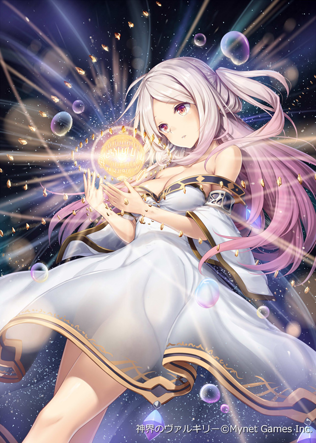 1girl akkijin black_background breasts brown_eyes bubble dress medium_breasts official_art orb orbit orbital_ring pink_hair shinkai_no_valkyrie star stone universe white_dress