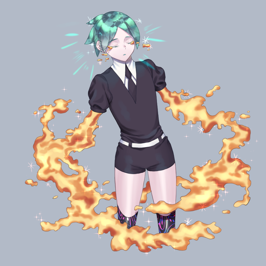 1other androgynous artist_request closed_eyes colored_eyelashes crying crystal_hair gem_uniform_(houseki_no_kuni) glowing glowing_hair gold golden_arms green_hair grey_background houseki_no_kuni necktie phosphophyllite sad short_hair solo sparkle tears