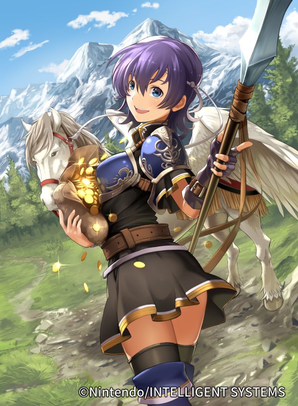 1girl armor bangs belt black_legwear blue_eyes blue_sky breastplate breasts clouds cloudy_sky company_connection copyright_name day dress farina_(fire_emblem) feathered_wings fingerless_gloves fire_emblem fire_emblem:_rekka_no_ken fire_emblem_cipher gloves gold holding holding_weapon i-la looking_at_viewer medium_breasts mountain official_art open_mouth outdoors pegasus polearm purple_hair shiny short_dress short_hair short_sleeves shoulder_armor shoulder_pads single_glove sky smile solo spear thigh-highs weapon wings zettai_ryouiki