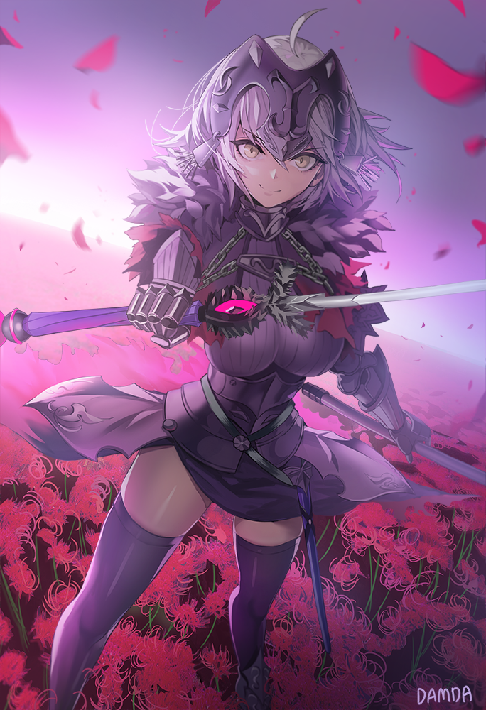 1girl ahoge arm_guards armor armored_boots armored_dress bangs boots breasts chains closed_mouth damda dual_wielding eyebrows_visible_through_hair fate/grand_order fate_(series) floating_hair fur_trim gauntlets greaves headpiece holding holding_sword holding_weapon jeanne_d'arc_(alter)_(fate) jeanne_d'arc_(fate)_(all) large_breasts long_hair looking_at_viewer outdoors petals sash sheath short_hair sidelocks silver_hair skindentation skirt smile solo sword symbol-shaped_pupils thigh-highs weapon wind wind_lift yellow_eyes
