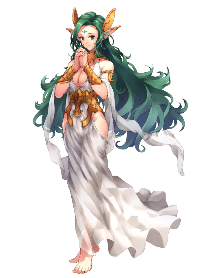 1girl armlet barefoot blue_eyes bracer breasts cleavage copyright_request dress facial_mark forehead_mark full_body green_hair hands_together hands_up long_hair looking_at_viewer maruhana medium_breasts official_art parted_lips pointy_ears solo standing very_long_hair white_background white_dress