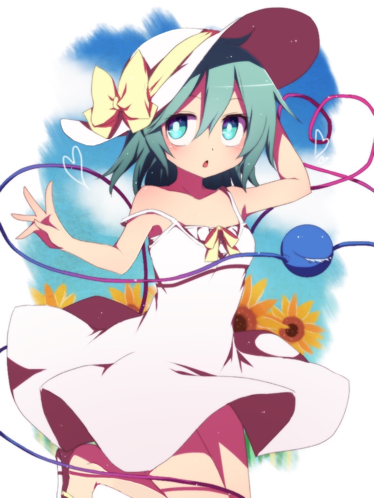 1girl bow commentary dress flip-flops flower green_eyes green_hair hat hat_bow heart heart_of_string jumping komeiji_koishi sandals solo spaghetti_strap sun_hat sunflower third_eye touhou white_dress yellow_bow you_(noanoamoemoe)