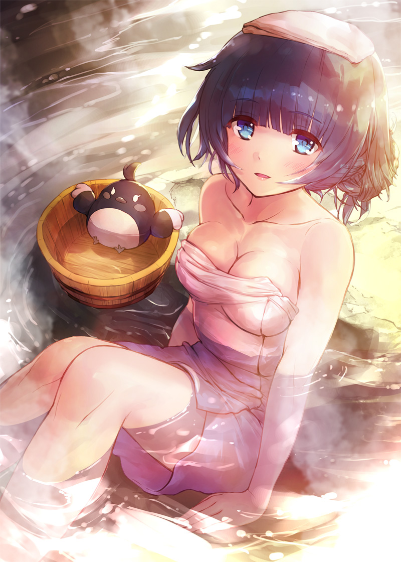 1girl bangs bare_shoulders bird blue_eyes blue_hair blush breasts bucket collarbone ek_masato eyebrows_visible_through_hair hair_bun looking_at_viewer medium_breasts naked_towel onsen parted_lips partially_submerged shironeko_project sitting solo towa_(shironeko_project) towel towel_on_head wooden_bucket