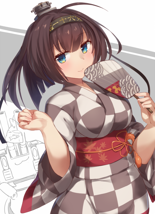 1girl :3 ahoge akizuki_(kantai_collection) alternate_costume bag bagged_fish blue_eyes blush breasts brown_hair checkered checkered_kimono chou-10cm-hou-chan commentary_request fan fang fish hachimaki hair_ornament hairband headband japanese_clothes kantai_collection kimono large_breasts long_hair long_sleeves looking_at_viewer medium_breasts obi paper_fan ponytail sash smile turret uchiwa wide_sleeves yamaarashi yukata