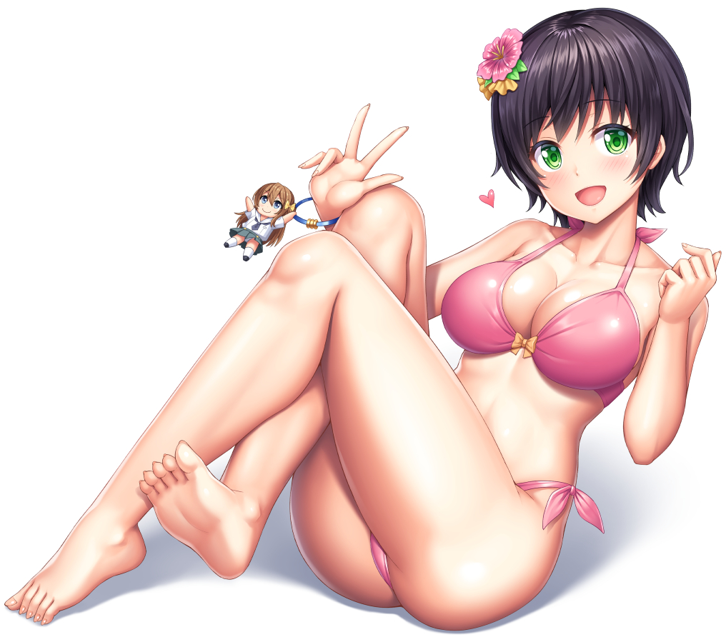 1girl :d ass barefoot bikini black_hair blush breasts character_doll cleavage collarbone commentary eyebrows_visible_through_hair feet full_body green_eyes hachigatsu_no_cinderella_nine kawakita_tomoe lambda_(kusowarota) legs legs_crossed medium_breasts open_mouth pink_bikini short_hair simple_background smile soles solo swimsuit toes v white_background