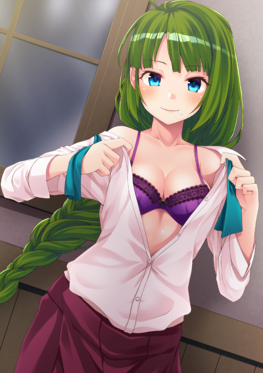 1girl ahoge blue_eyes blue_neckwear blush bow bowtie bra braid breasts cleavage collarbone eyebrows_visible_through_hair green_hair highres indoors kantai_collection lingerie long_hair long_sleeves looking_at_viewer medium_breasts mofu_namako mole mole_under_mouth night parted_lips partially_unbuttoned purple_bra purple_skirt school_uniform shirt sidelocks single_braid skirt smile solo tongue underwear undressing untied upper_body very_long_hair white_shirt window yuugumo_(kantai_collection)