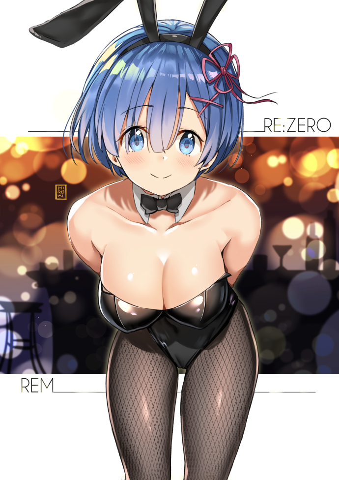 1girl animal_ears arms_behind_back artist_name bare_shoulders black_neckwear blue_eyes blue_hair blush bow bowtie breasts bunnysuit character_name cleavage closed_mouth collarbone copyright_name detached_collar fake_animal_ears fishnet_pantyhose fishnets hair_ornament hair_ribbon hiroki_(hirokiart) looking_at_viewer medium_breasts pantyhose pink_ribbon rabbit_ears re:zero_kara_hajimeru_isekai_seikatsu rem_(re:zero) ribbon short_hair smile solo x_hair_ornament