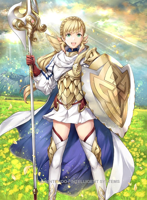 1girl armor bangs blonde_hair cape clouds cloudy_sky company_connection copyright_name day dress fire_emblem fire_emblem_heroes flower gloves green_eyes holding holding_weapon long_hair long_sleeves looking_at_viewer official_art outdoors petals polearm puffy_sleeves sharena shield short_dress sky smile solo spear striped sunlight thigh-highs weapon yamada_koutarou zettai_ryouiki