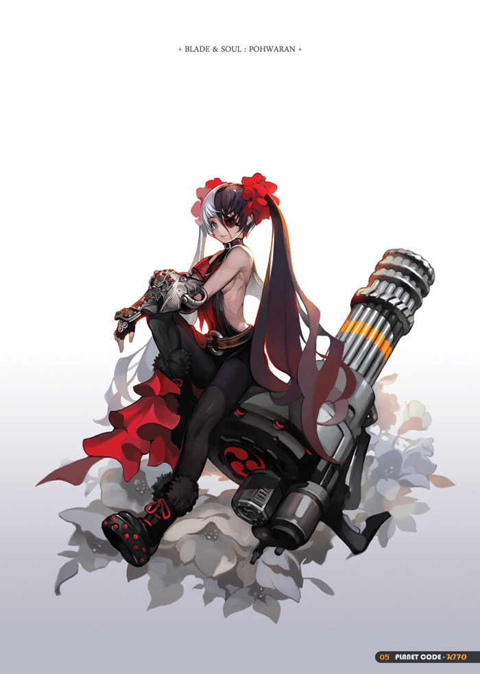 1girl akito1179 armband bare_shoulders belt black_hair black_legwear blade_&amp;_soul boots breasts cat_cutout character_name commentary copyright_name drum_magazine eyepatch fingerless_gloves flower full_body gatling_gun gauntlets gloves grey_eyes gun hair_between_eyes hair_ornament hair_scrunchie knees_up long_hair mitsudomoe_(shape) multicolored_hair neckerchief platform_footwear pohwaran red_ribbon ribbon ribs scrunchie sideboob sitting sitting_on_object sleeveless small_breasts solo tied_hair tomoe_(symbol) twintails two-tone_hair very_long_hair weapon white_hair zipper