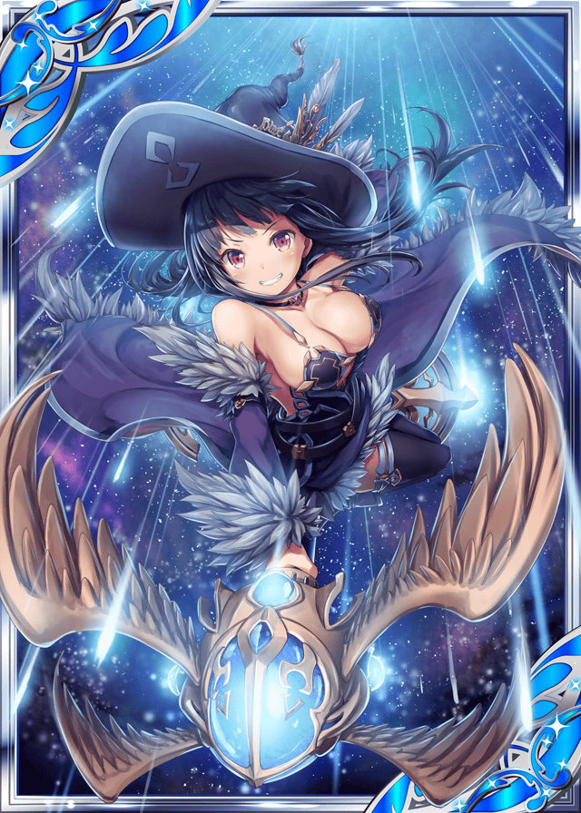 1girl akkijin armpits bare_shoulders black_hair boots bra breasts card_(medium) cleavage collarbone feathers flying hat hat_feather jewelry looking_at_viewer medium_breasts necklace night night_sky official_art orange_eyes shinkai_no_valkyrie sky staff star_(sky) starry_sky supersonic thigh-highs underwear weapon wings witch witch_hat