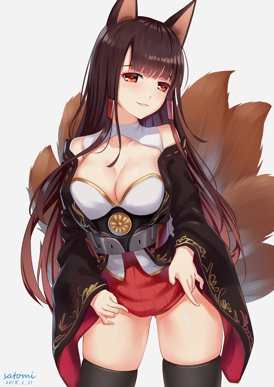1girl akagi_(azur_lane) animal_ears azur_lane bangs bare_shoulders black_legwear blush breasts brown_hair cleavage cowboy_shot dated fox_ears fox_tail grey_background hair_ornament highres japanese_clothes large_breasts lifted_by_self long_hair looking_at_viewer multiple_tails red_eyes red_skirt satomi_(745684552) sidelocks signature simple_background skindentation skirt smile solo tail thigh-highs thighs wide_sleeves