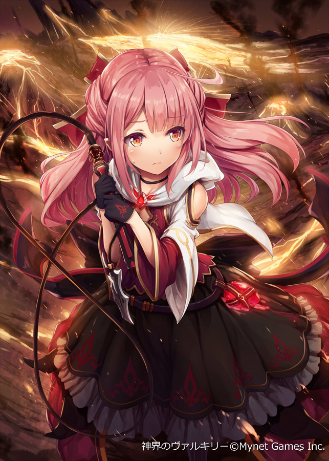 1girl akkijin bare_shoulders black_dress black_gloves dress gloves holding holding_weapon lightning official_art pink_hair print_dress print_gloves shinkai_no_valkyrie shy solo weapon whip yellow_eyes