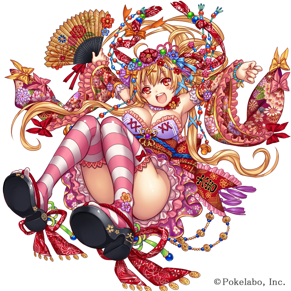 1girl :d ahoge armpits bangs bare_shoulders beads black_footwear blonde_hair blush bow breasts choker collarbone commentary_request company_name detached_sleeves eyebrows_visible_through_hair fan fingernails floating_hair floral_print flower folding_fan frilled_kimono frilled_sleeves frills full_body hair_between_eyes hair_bow hair_flower hair_ornament hair_ribbon hairclip head_tilt holding holding_fan horizontal-striped_legwear japanese_clothes kimono kimono_skirt knees_up large_breasts long_hair long_sleeves looking_at_viewer madogawa obi official_art open_mouth orange_eyes orange_flower outstretched_arms pink_bow pink_flower pink_kimono pink_legwear pink_ribbon print_sleeves purple_flower red_flower red_ribbon ribbon sash sengoku_gensoukyoku short_kimono sidelocks simple_background smile solo strapless tassel thigh-highs upper_teeth white_background white_choker white_legwear wide_sleeves yellow_bow yellow_ribbon zouri