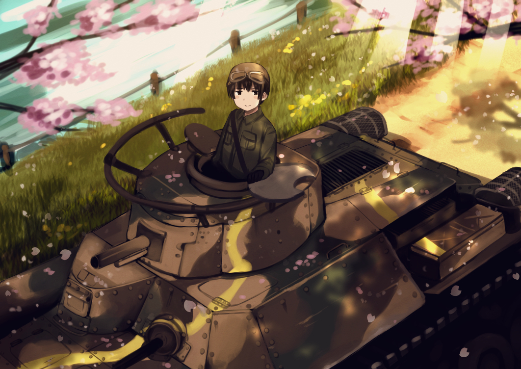 1boy axis_powers_hetalia black_eyes black_hair cherry_blossoms grass ground_vehicle japan_(hetalia) military military_vehicle motor_vehicle river smile tank toyosu_toyosu tree type_97_chi-ha