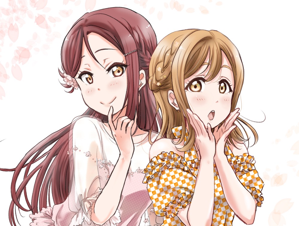 2girls :o alternate_hairstyle braid brown_eyes brown_hair checkered cherry_blossoms finger_to_mouth flower frilled_sleeves frills hair_flower hair_ornament hairpin half_updo halterneck hands_on_own_cheeks hands_on_own_face kunikida_hanamaru looking_at_viewer love_live! love_live!_sunshine!! multiple_girls petals redhead rippe sakurauchi_riko smile transparent_sleeves upper_body