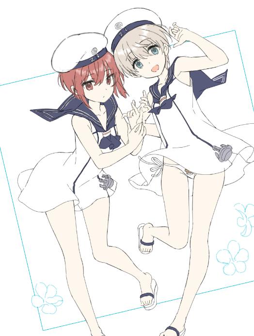 2girls anchor animal_print bear_panties bear_print black_neckwear black_sailor_collar blue_eyes brown_eyes brown_hair clothes_writing dress full_body hat kantai_collection looking_at_viewer multiple_girls neckerchief panties print_panties sailor_collar sailor_dress sailor_hat sandals shiosoda short_hair side-tie_panties silver_hair underwear white_background white_dress white_panties z1_leberecht_maass_(kantai_collection) z3_max_schultz_(kantai_collection)