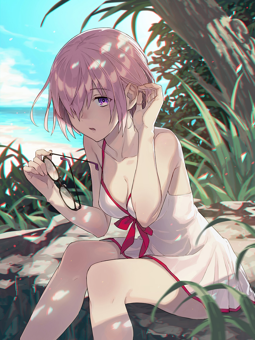1girl beach black-framed_eyewear blue_sky breasts cleavage clouds collarbone commentary_request dress eyewear_removed fate/grand_order fate_(series) glasses grass hair_over_one_eye highres kusano_shinta looking_at_viewer mash_kyrielight medium_breasts ocean outdoors pink_hair short_hair sitting sky solo violet_eyes white_dress