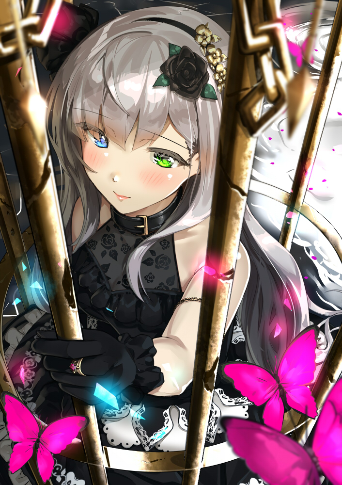 1girl armlet bangs bare_shoulders black_dress black_gloves blush breasts bug butterfly cage chains choker closed_mouth dress eyebrows_visible_through_hair flower from_above gloves hair_flower hair_ornament hairband halter_dress heterochromia insect jewelry kinugasa_yuuichi long_hair looking_at_viewer original ring sleeveless smile solo standing upper_body white_hair