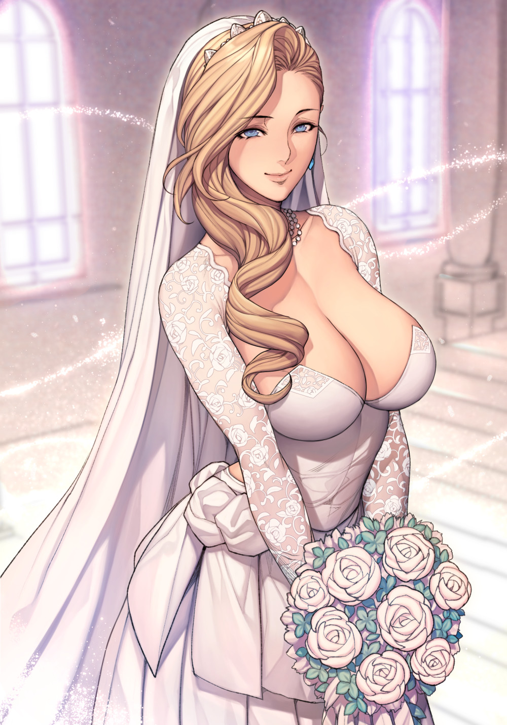 1girl azur_lane bangs blonde_hair blue_eyes bouquet breasts bridal_veil church cleavage collarbone dress earrings flower highres holding holding_bouquet hood_(azur_lane) jewelry lace_sleeves large_breasts lips long_hair necklace oda_non pearl_necklace pillar solo swept_bangs tiara veil wedding_dress white_dress window