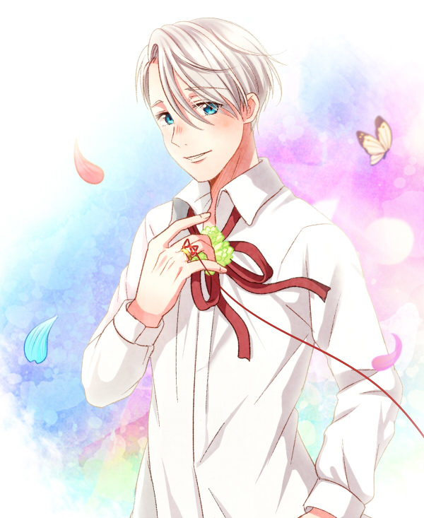 1boy blue_eyes bug butterfly collared_shirt insect jewelry male_focus petals red_string ring shirt silver_hair smile string twc_(p-towaco) viktor_nikiforov yuri!!!_on_ice