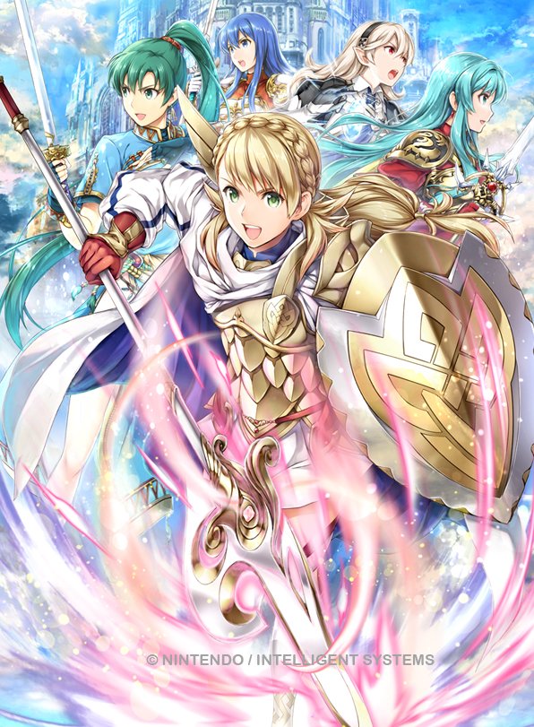 5girls aqua_hair armor bangs blonde_hair blue_eyes blue_hair cape clouds cloudy_sky company_connection copyright_name day eirika female_my_unit_(fire_emblem_if) fire_emblem fire_emblem:_mystery_of_the_emblem fire_emblem:_rekka_no_ken fire_emblem_heroes fire_emblem_if gloves green_eyes green_hair hairband holding holding_sword holding_weapon long_hair long_sleeves lyndis_(fire_emblem) multiple_girls my_unit_(fire_emblem_if) official_art outdoors pointy_ears polearm ponytail puffy_sleeves sharena sheeda shield shoulder_armor shoulder_pads sidelocks sky spear sword weapon yamada_koutarou