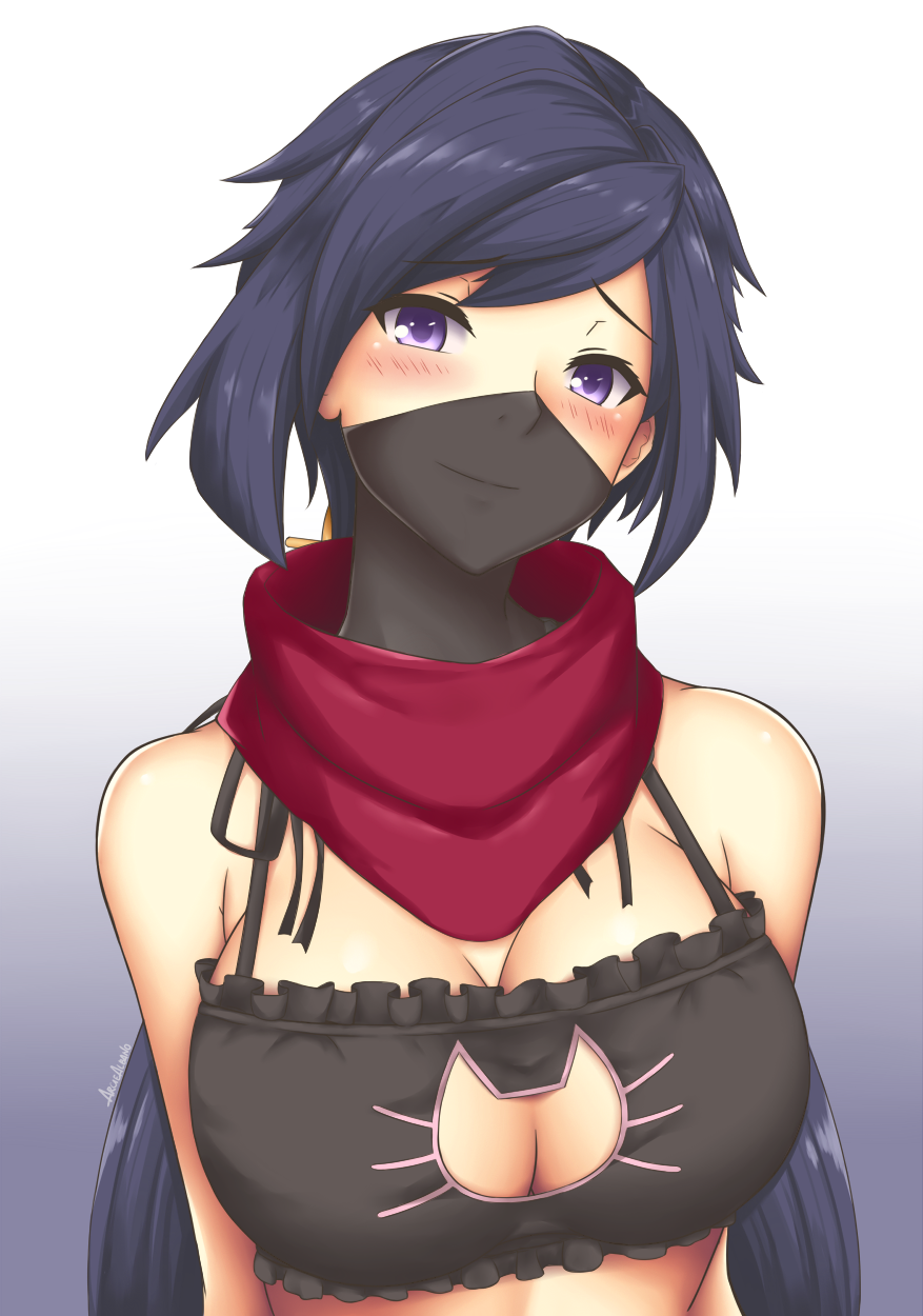 1girl arciealbano ayame_(gundam_build_divers) bangs black_bra black_hair blush bra breasts cat_cutout cat_lingerie cleavage cleavage_cutout grey_background gundam gundam_build_divers hair_ribbon highres large_breasts long_hair looking_at_viewer meme_attire parted_bangs ponytail red_scarf ribbon scarf signature smile solo standing underwear very_long_hair violet_eyes yellow_ribbon