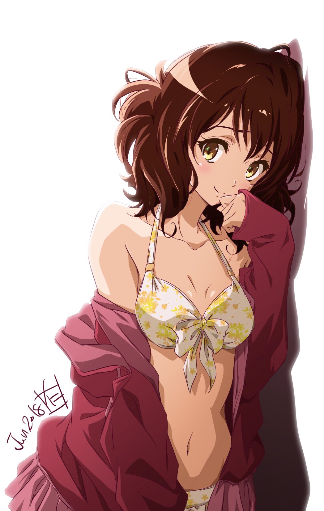 1girl 2018 bikini breasts brown_eyes brown_hair cleavage collarbone dated floral_print front-tie_bikini front-tie_top hair_between_eyes hibike!_euphonium highres jacket long_hair looking_at_viewer medium_breasts midriff miniskirt navel nii_manabu off_shoulder open_clothes open_jacket oumae_kumiko pink_skirt pleated_skirt red_jacket shiny shiny_hair shiny_skin signature simple_background skirt smile solo standing stomach swimsuit upper_body white_background